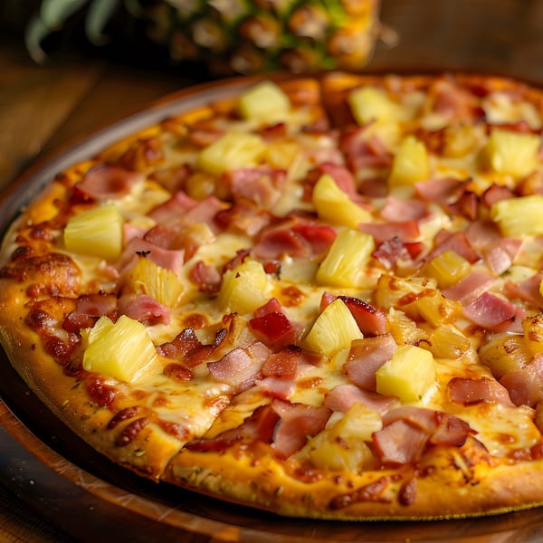 Angelo's Pizza & Subs Hawaiian pizza with ham and pineapple on a wooden serving board.