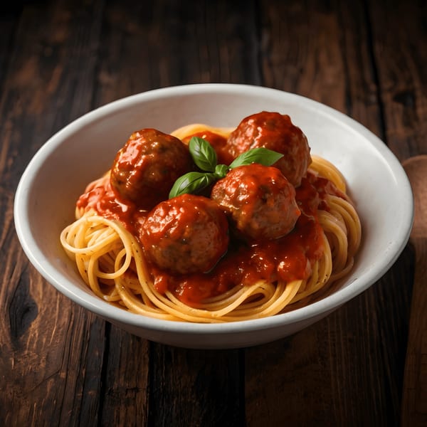 A white bowl of spaghetti and meatballs with red sauce and basil on a wooden table.