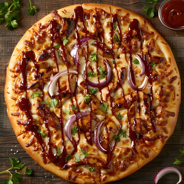 Angelo's Pizza & Subs BBQ chicken pizza with red onions, cilantro, and barbecue sauce drizzle.